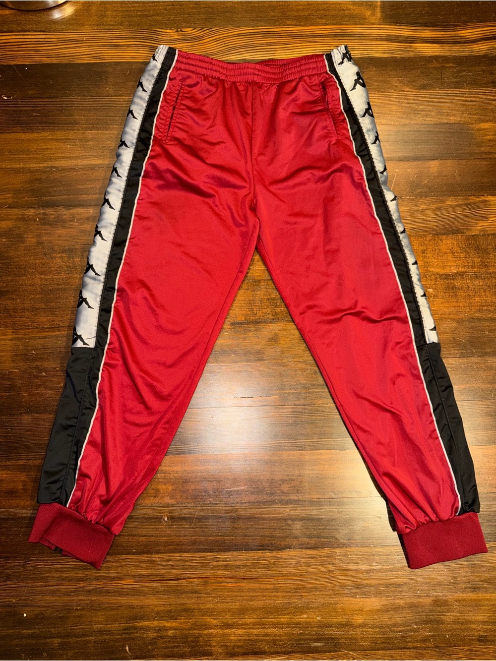 Kappa Red Logo Tape Track Pants XXL Black White Stripe Zip Ankle Joggers
